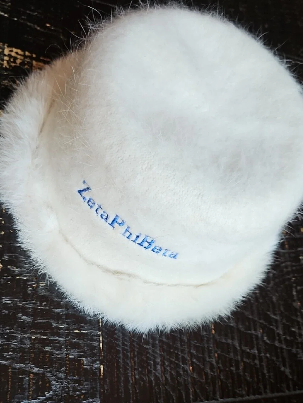 New Ivory White Cream Angora Wool Fur Bucket Hat with ZetaPhiBeta Embroidery